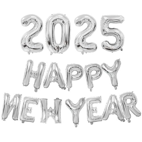 2025 Happy New Year Deko Folienballon, Happy New Year Deko Luftballon, Silvester Party Deko Ballon Zubehör, Happy New Year Dekorationen Set 2025, Für Silvester Party Deko Supplies (B-Silber) von HFMYGS