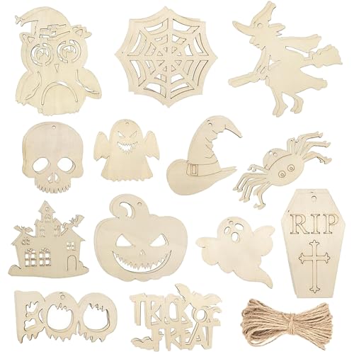 26 Stück Holz-Halloween-Ausschnitt-Ornamente, Holzscheiben, Hängeetiketten, Halloween-Dekorationen für Süßes oder Leckereien, unlackiertes Holz, DIY-Ornamente, Basteln, für Halloween, Baum, Wand von HFMYGS