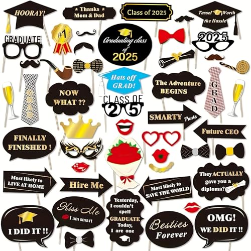 50 Stück Abschlussbild Requisiten, Abschlussfeiern Photo Booth Props Requisiten, Graduation Deko,Abi 2025 Deko, Graduation Doktorhut Masken Krawatte Brillen von HFMYGS
