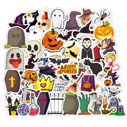 50 Stück Halloween Party Aufkleber, Halloween Sticker, Wasserdicht Vinyl Stickers, Graffiti Aufkleber Wasserflasche für DIY Laptop Gepäck Skateboard Scrapbooking Auto Motorrad von HFMYGS