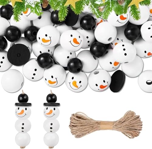 50 Stück Schneemann Holzperlen, 20mm Weihnachten Schneemann Holzperlen,Weihnachten Holzperlen mit Gesicht, DIY Basteln Weihnachten für Basteldekoration,Winter Party Deko（Mit 10m Schnur） von HFMYGS