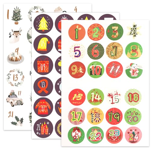 Adventskalender Aufkleber, 3 x 24 Sticker für Kalender zum selber basteln für Weihnachten, Adventskalenderzahlen Etiketten selbstklebend, Zahlenaufkleber, Nummern für Papiertüten von HFMYGS