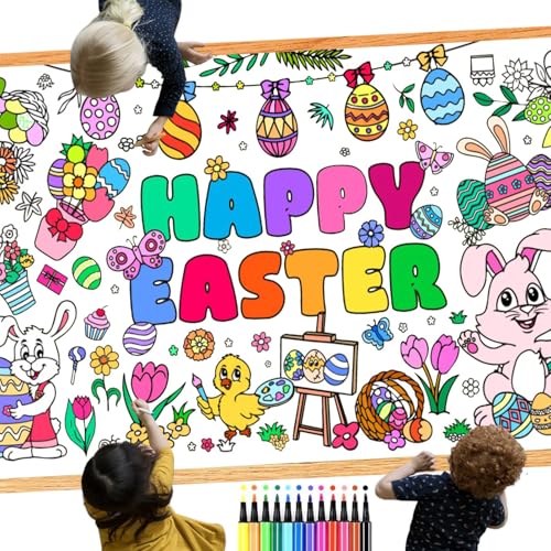 Tischdecke zum Ausmalen Ostern, 76x183cm Ausmaltischdecke Ostern und 12 Pcs Färbung Stifte, Ausmaltischdecke Kinder, Ostergeschenke, Ostern Basteln Deko für Mädchen Kinder Jungen von HFVZCB