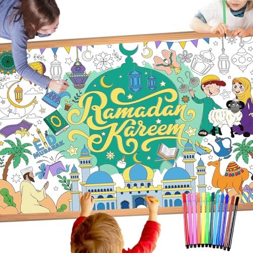 Ramadan Tischdecke zum Ausmalen, 84x118cm Ausmaltischdecke Ramadan Mubarak und 12 Pcs Färbung Stifte, Eid Mubarak Dekoration für Mädchen Kinder Jungen von HFVZCB