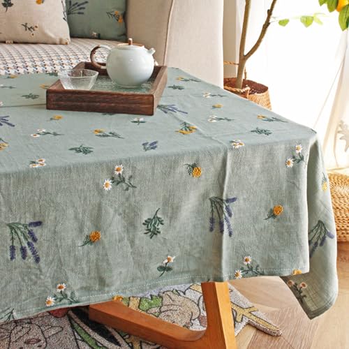 HFYRBDKSPI Leinen bestickt Tischdecke, Landhaus Boho Vintage Gänseblümchen Design quadratisch Quaste Tischdecke für Küche,Green 1,51.2 * 51.2in von HFYRBDKSPI