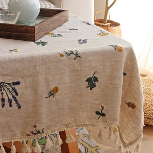 HFYRBDKSPI Leinen bestickte Leinwand, Bauernhof Boho Vintage Daisy Design quadratische Tischdecke mit Quasten für Küche Essbereich,Beige 2,23.6 * 23.6in von HFYRBDKSPI