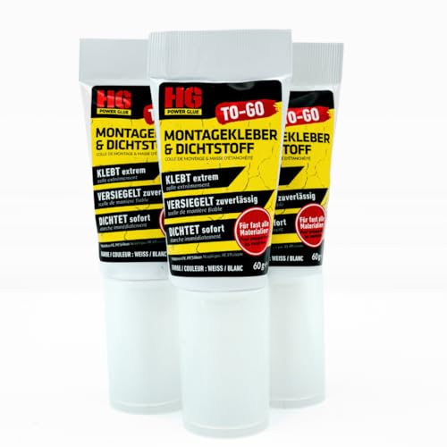 HG POWER GLUE To Go Montagekleber und Dichtstoff extra stark, Kraftkleber für außen und innen, Kleber mit super starker Anfgangshaftung, enorm hohe Endfestigkeit 3 Tuben á 60g HG POWER GLUE To Go Montagekleber und Dichtstoff extra stark, Kraftkleber für außen und innen, Kleber mit super starker Anfgangshaftung, enorm hohe Endfestigkeit 3 Tuben á 60g von HG POWER GLUE