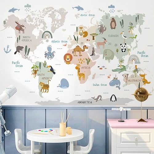 HGDESIGN® Wandaufkleber Wandtattoo Wandsticker Weltkarte Worldmap Tiere Kinderzimmer Babyzimmer Kind Baby Junge Mädchen Wanddeko selbstklebend (A) von HGDESIGN