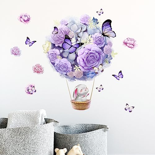 HGDESIGN® Wandtattoo Wandaufkleber Blumen Ballon Hase Lila Kinderzimmer Babyzimmer Kind Baby Mädchen Wandsticker Wandbild Wanddeko (A) von HGDESIGN