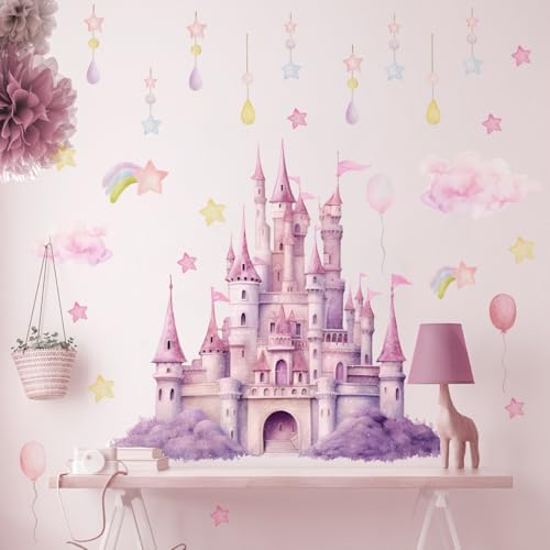 HGDESIGN® Wandtattoo Wandaufkleber Fee Elfe Mond Schloss Mädchen Blumen Wandsticker Wandbild Kinderzimmer Babyzimmer Schlafzimmer Kind Baby Mädchen Wanddeko (B) von HGDESIGN