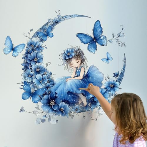 HGDESIGN® Wandtattoo Wandaufkleber Fee Elfe Mond Schloss Mädchen Blumen Wandsticker Wandbild Kinderzimmer Babyzimmer Schlafzimmer Kind Baby Mädchen Wanddeko (C) von HGDESIGN