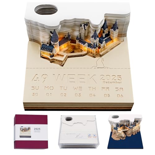 3D Kalender 2025,3D-Notizblock,Tränenpapierkalender 2025, 3D-Papierskulptur Magic Castle Wochenkalender,kreativer Notizblock mit Lampe und Stifthalter,DIY Arbeitsplattendekorationen von HGDGD