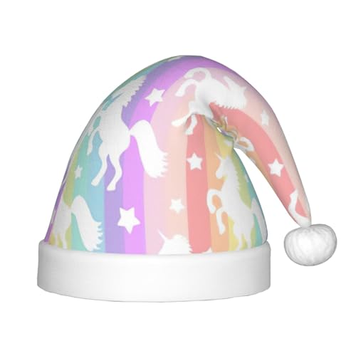 Einhörner auf bunten Streifen, 1 Stück, Plüsch-Weihnachtsmannmütze, bequeme Weihnachtsmütze für Weihnachten, Partygeschenke, passend für Jugendliche von HGFVY