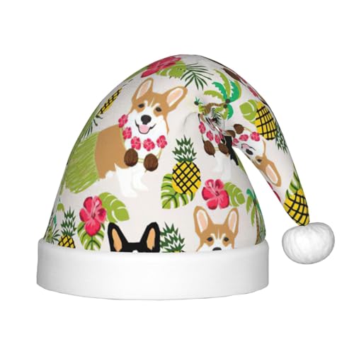 Tropische Blume und Corgi, Plüsch-Weihnachtsmannmütze, bequeme Weihnachtsmütze für Weihnachten, Partygeschenke, passend für Jugendliche von HGFVY