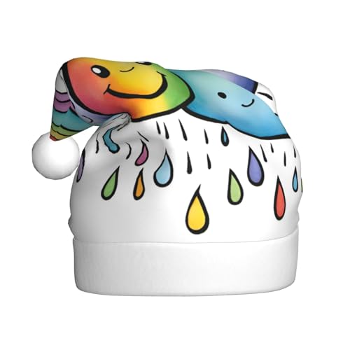 Weihnachtsmütze aus Plüsch, Motiv: Regenbogenwolken, Regentropfen, 1 Stück, bequeme Weihnachtsmütze für Weihnachten, Partygeschenke, passend für Erwachsene Weihnachtsmütze aus Plüsch, Motiv: Regenbogenwolken, Regentropfen, 1 Stück, bequeme Weihnachtsmütze für Weihnachten, Partygeschenke, passend für Erwachsene von HGFVY