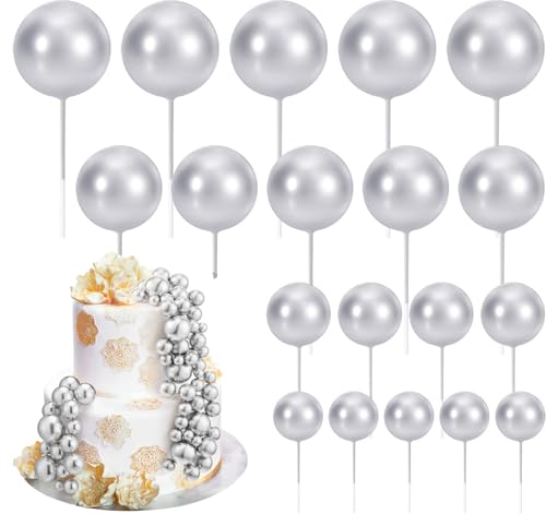 20 runde Kugel-Kuchenaufsätze, Cupcake-Topper, Kuchendekorationen, Backgeschirr, Dekoration, Mini-Ballon-Kucheneinsatz für Jahrestag, Geburtstag, Party, Hochzeit, Dekoration (Silber) von HGKOL
