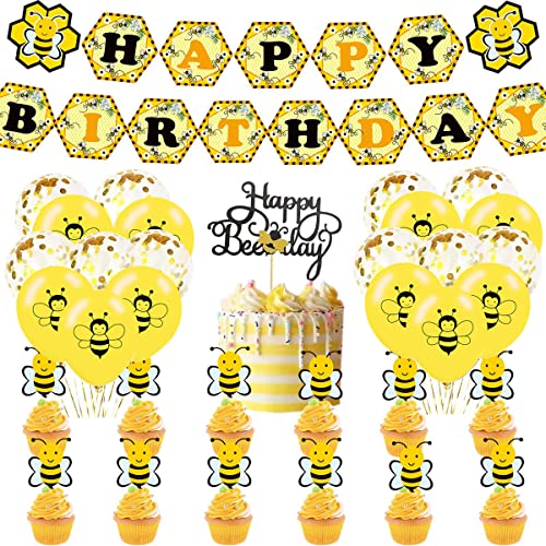 HGSHUO Biene Geburtstagsdeko Biene Tier Luftballons Alles Gute Zum Geburtstag Girlande Insekt Biene Gold Latex Ballons Bee Kuchenaufsätze für Kinder Geburtstag Party Dekoration 34 Stück von HGSHUO