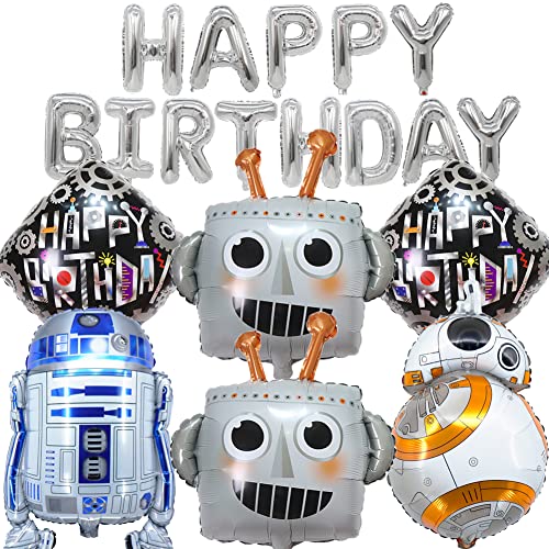 HGSHUO Folienballon Roboter Geburtstag Deko Ballons Roboter Geburtstagsparty Deko Luftballon Girlande Happy Birthday Banner Kindergeburtstag Geburtstagsdeko 7 Stück von HGSHUO