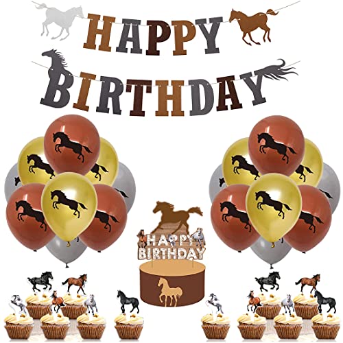 HGSHUO Pferd Geburtstagsdeko Pferd Tier Luftballons Alles Gute Zum Geburtstag Girlande Braunem Pferde Latex Ballons Horse Cupcake Topper für Kinder Geburtstag Party Dekoration 32 Stück von HGSHUO