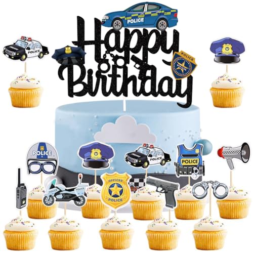 HGSHUO Polizei Tortendeko Geburtstag Kuchen Deko Polizei Kuchendeko Polizeiauto Cake Topper Happy Birthday Torte Deko Muffin Kindergeburtstag Geburtstagsdeko 31 Stück von HGSHUO
