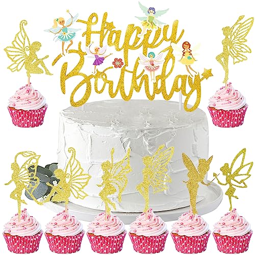 HGSHUO Tortendeko Fee Kuchen Deko Geburtstag Torte Deko Fairy Kindergeburtstag Cake Topper Happy Birthday Cupcake Topper Kuchendeko Feen Muffin Geburtstagsdeko Babyparty Mädchen von HGSHUO