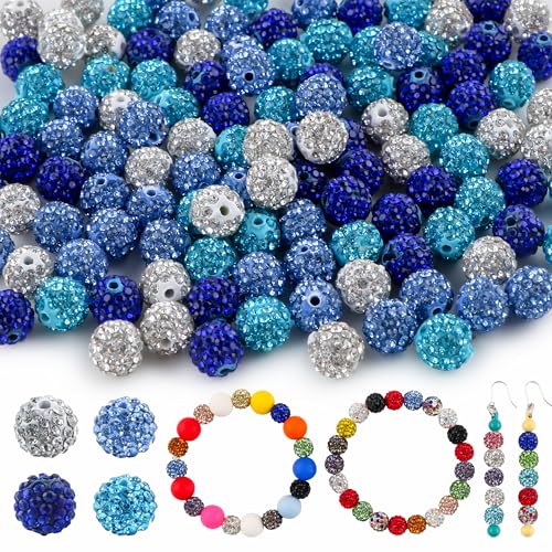 HHCFAST 120 Stück gemischte Farben 10 mm Strassperlen für Schmuckherstellung, Königsblau-Weiß, rund, glitzernde Ton-Discokugel-Perlen für Halsketten, Armbänder und Bastelarbeiten von HHCFAST