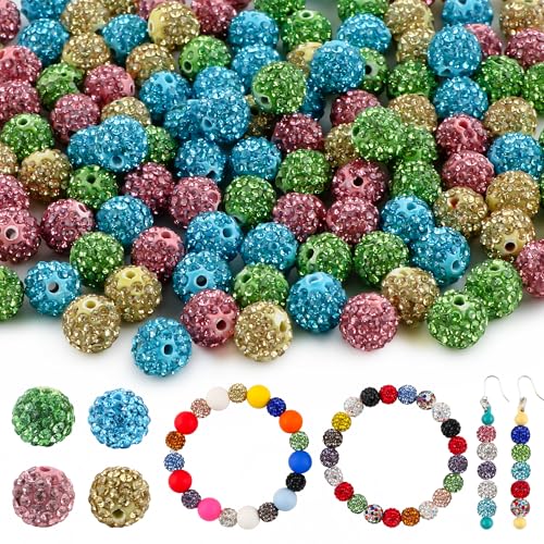 HHCFAST 120 Stück gemischte Farben 10 mm Strassperlen für Schmuckherstellung, grün-blau-rosa, rund, glitzernde Ton-Discokugel-Perlen für Halsketten, Armbänder und Bastelarbeiten von HHCFAST