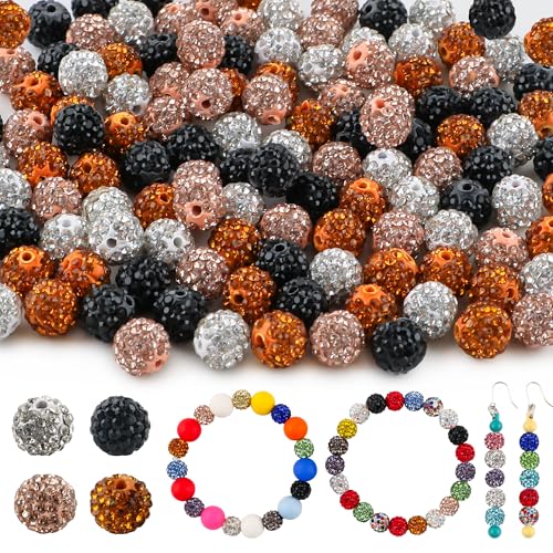HHCFAST 120 Stück gemischte Farben 10 mm Strassperlen für Schmuckherstellung, schwarz-weiß, pfirsichfarben, rund, glitzernde Ton, Kristall-Discokugel-Perlen für Halsketten, Armbänder und von HHCFAST