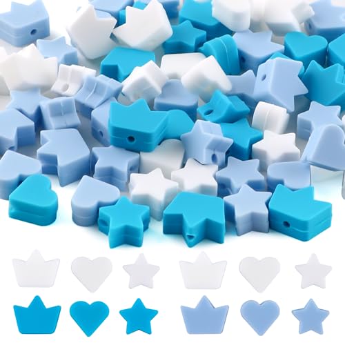 HHCFAST 72 Stück mehrfarbige, blaue Abstandshalter-Silikonperlen für Schlüsselanhängerherstellung, gemischte 3 geformte Herz-Stern-Kronen-Silikonperlen für Stift, DIY Handwerk und Armband HHCFAST 72 Stück mehrfarbige, blaue Abstandshalter-Silikonperlen für Schlüsselanhängerherstellung, gemischte 3 geformte Herz-Stern-Kronen-Silikonperlen für Stift, DIY Handwerk und Armband von HHCFAST