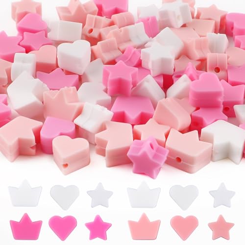 HHCFAST 72 Stück mehrfarbige rosa Abstandshalter Silikonperlen für Schlüsselanhängerherstellung, gemischte 3 geformte Herz-Stern-Kronen-Silikonperlen für Stift, DIY Handwerk und Armband HHCFAST 72 Stück mehrfarbige rosa Abstandshalter Silikonperlen für Schlüsselanhängerherstellung, gemischte 3 geformte Herz-Stern-Kronen-Silikonperlen für Stift, DIY Handwerk und Armband von HHCFAST