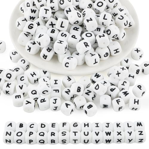 HHCFAST 78 Stück 12 mm weiße quadratische Silikon-Buchstabenperlen A-Z, Würfel-Alphabet-Silikonperlen für Schlüsselanhängerherstellung, ideal für Halsketten, Armbänder, Stifte und Bastelarbeiten von HHCFAST