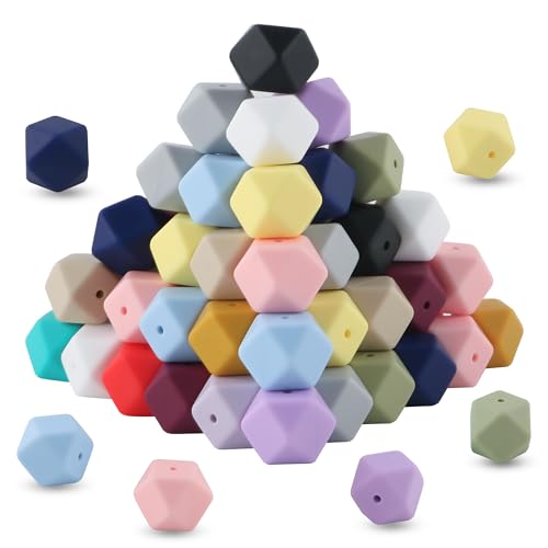 HHCFAST Sechseckige Silikonperlen, 17 mm, groß, gemischt, mehrfarbig, Silikonperlen für Schlüsselanhänger, ideal für Stifte und Armbänder, Bastelarbeiten, 60 Stück von HHCFAST