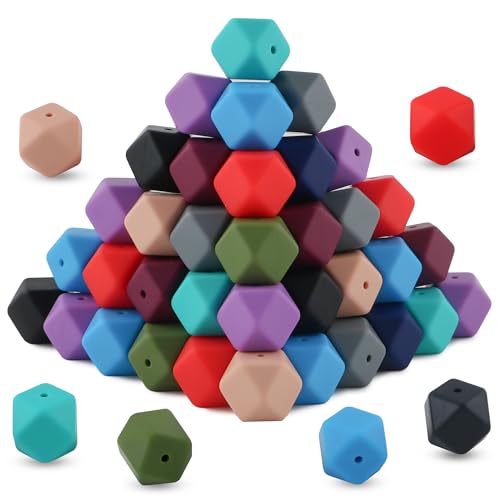 HHCFAST Sechseckige Silikonperlen, 17 mm, groß, gemischt, mehrfarbig, tiefe Silikonperlen für Schlüsselanhänger, ideal für Stifte und Armbänder, Bastelarbeiten, 60 Stück von HHCFAST
