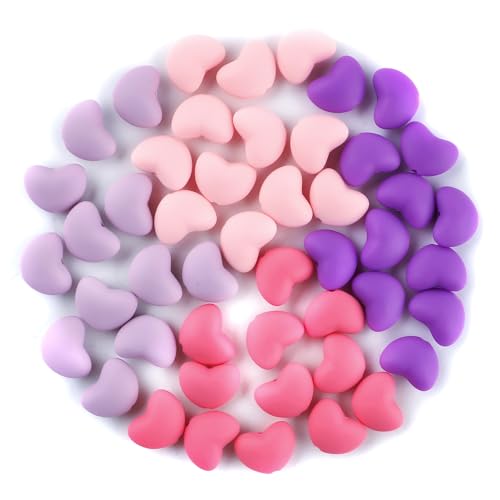 HHCFAST Silikonperlen in Herzform für Schlüsselanhänger, gemischte rosa violette Abstandshalter, herzförmige Silikonperlen für Stift, Basteln und Armband, 48 Stück von HHCFAST