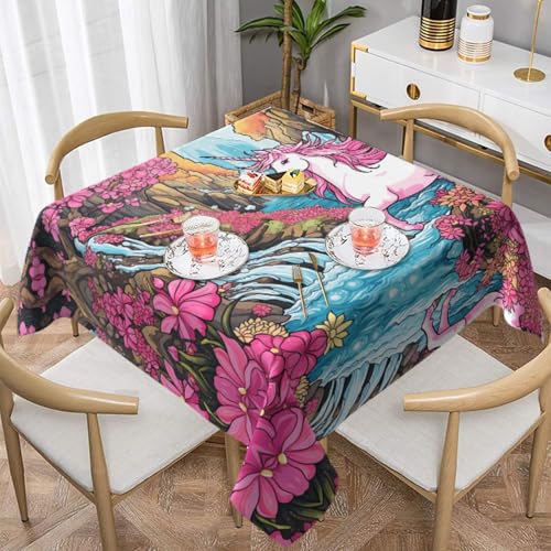HHGFASD Quadratische Tischdecke, Motiv: starke rosa Einhörner, 137,2 x 137,2 cm, wasserdicht, knitterfrei, wiederverwendbar, für Cafés, Buffet, Picknicks, Hochzeiten, Partys von HHGFASD