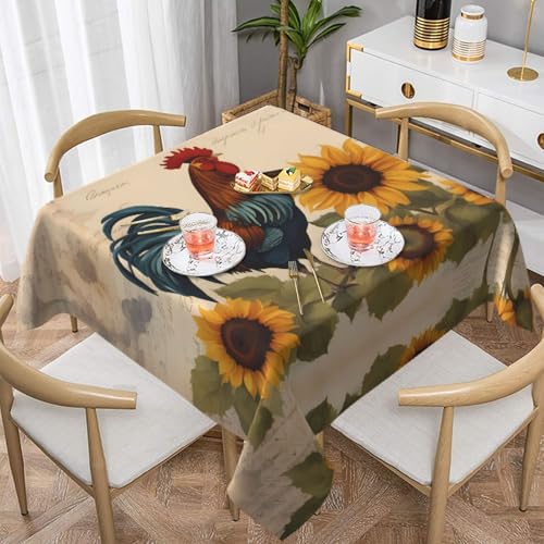 HHGFASD Quadratische Tischdecke, Vintage-Sonnenblumen-Hahn-Muster, 137,2 x 137,2 cm, wasserdicht, knitterfrei, wiederverwendbar, für Cafés, Buffet, Picknicks, Hochzeiten, Partys von HHGFASD