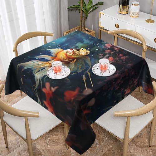 HHGFASD Quadratische Tischdecke mit schwimmendem Goldfischmuster, 137,2 x 137,2 cm, wasserdicht, knitterfrei, wiederverwendbar, für Cafés, Buffet, Picknicks, Hochzeiten, Partys von HHGFASD