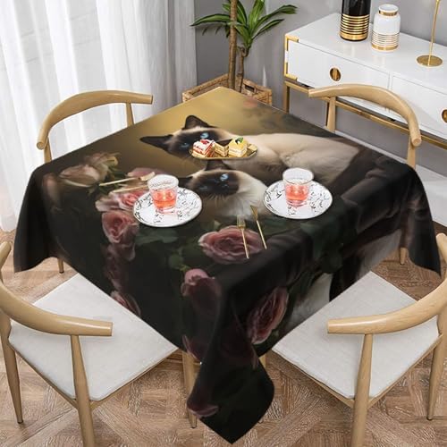 HHGFASD Quadratische Tischdecke mit siamesischer Katze, sitzend, 152,4 x 152,4 cm, wasserdicht, knitterfrei, wiederverwendbar, für Cafés, Buffet, Picknicks, Hochzeiten, Partys von HHGFASD