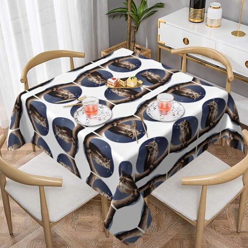 HHGFASD Quadratische dekorative Tischdecke mit Eule unter dem Mond, 137,2 x 137,2 cm, wasserdicht, knitterfrei, wiederverwendbar, für Cafés, Buffet, Picknicks, Hochzeiten, Partys von HHGFASD