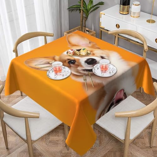 HHGFASD Smiling Corgi Tischdecke, quadratisch, dekorativ, 152,4 x 152,4 cm, wasserdicht, knitterfrei, wiederverwendbar, für Cafés, Buffet, Picknicks, Hochzeiten, Partys von HHGFASD