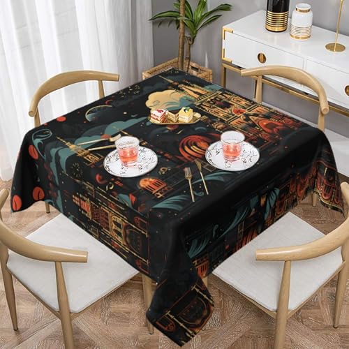 HHGFASD small towns Tischdecke, quadratisch, dekorativ, 152,4 x 152,4 cm, wasserdicht, knitterfrei, wiederverwendbar, für Cafés, Buffet, Picknicks, Hochzeiten, Partys von HHGFASD