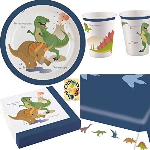 HHO Dino-Saurier-Party-Set Dinosaurier 37tlg. Teller Becher Servietten Tischdecke für 8 Gäste von HHO