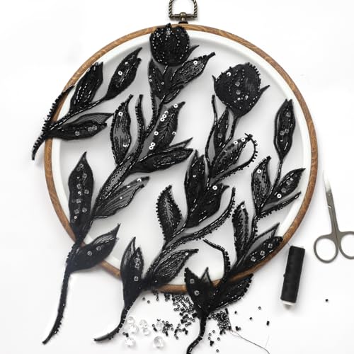 HHQ Schwarze Perlenapplikationen Verzierungen für Kleider handgefertigte funkelnde Spitze Blumenaufnäher Nähen Perlen Steine Pailletten Bling Mieder Applikation Strass DIY dekorative Kleidung von HHQ