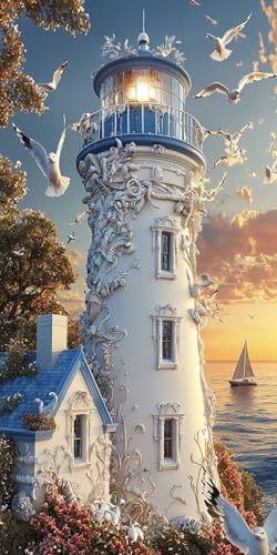 5D Diamond Painting Erwachsene, Diamant Malerei Kinder Anfänger, DIY Leuchtturm Möwe Diamant Painting Bilder Erwachsene Bastelset Geeignet Als Geschenk, Zur Entspannung und Als Wanddeko 100x200cm y107 von HHQGOUYG