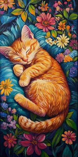 Blumen Orange Katze Diamond Painting Erwachsene, 5D Diamant Kunst Kinder Kits, DIY Erwachsene Mosaikherstellung Basteln Diamant Malerei Bilder Set für Weihnachten Wanddekoration 40x80cm t-349 von HHQGOUYG