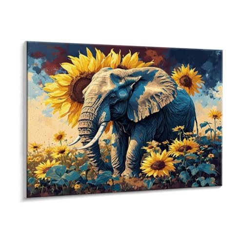 Malen Nach Zahlen Erwachsene - DIY Elefanten Sonnenblumen Handgemalt Ölgemälde Kit für Anfänger, Mit 3 - Pinseln und Acrylfarbe Handgemalt öLgemäLde Kit Als Heimdekoration 35 x 50 cm (Rahmenlos) t-171 von HHQGOUYG