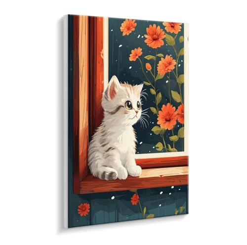 Malen Nach Zahlen Erwachsene - DIY Fenster Katze Handgemalt Ölgemälde Kit für Anfänger, Mit 3 - Pinseln und Acrylfarbe Handgemalt öLgemäLde Kit Als Heimdekoration 100 x 130 cm (Rahmenlos) t-158 von HHQGOUYG