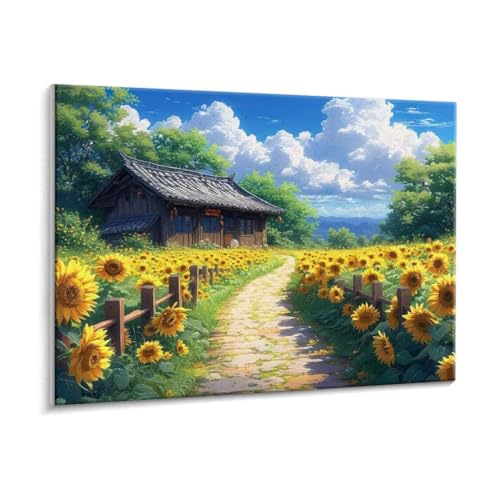 Malen Nach Zahlen Erwachsene - DIY Landschaft Sonnenblumen Handgemalt Ölgemälde Kit für Anfänger, Mit 3 - Pinseln und Acrylfarbe Handgemalt öLgemäLde Kit Als Heimdekoration 50 x 70 cm (Rahmenlos) t761 von HHQGOUYG