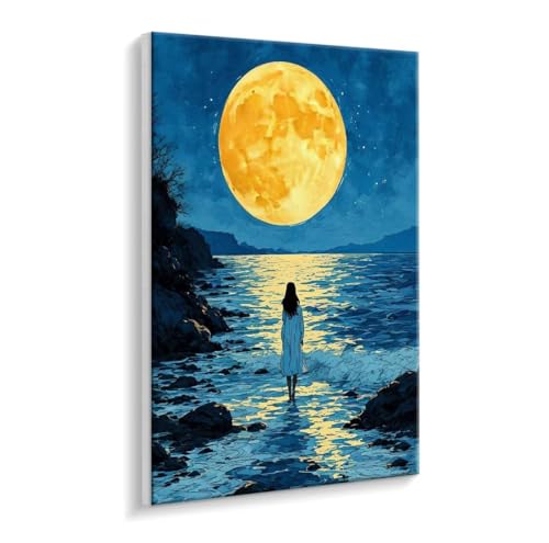 Malen Nach Zahlen Erwachsene - DIY Mond Meer Handgemalt Ölgemälde Kit für Anfänger, Mit 3 - Pinseln und Acrylfarbe Handgemalt öLgemäLde Kit Als Geschenk Heimdekoration 50 x 70 cm (Rahmenlos) t-825 von HHQGOUYG