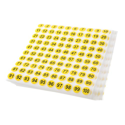 HIAKDOFT 100 Blatt Selbstklebende Wasserfeste Zahlenaufkleber Rund Gelbe Fläche mit Schwarzer Nummer Nummerierte Etiketten für Kleidung Schuhe Inventar Einfache Klassifizierung und von HIAKDOFT